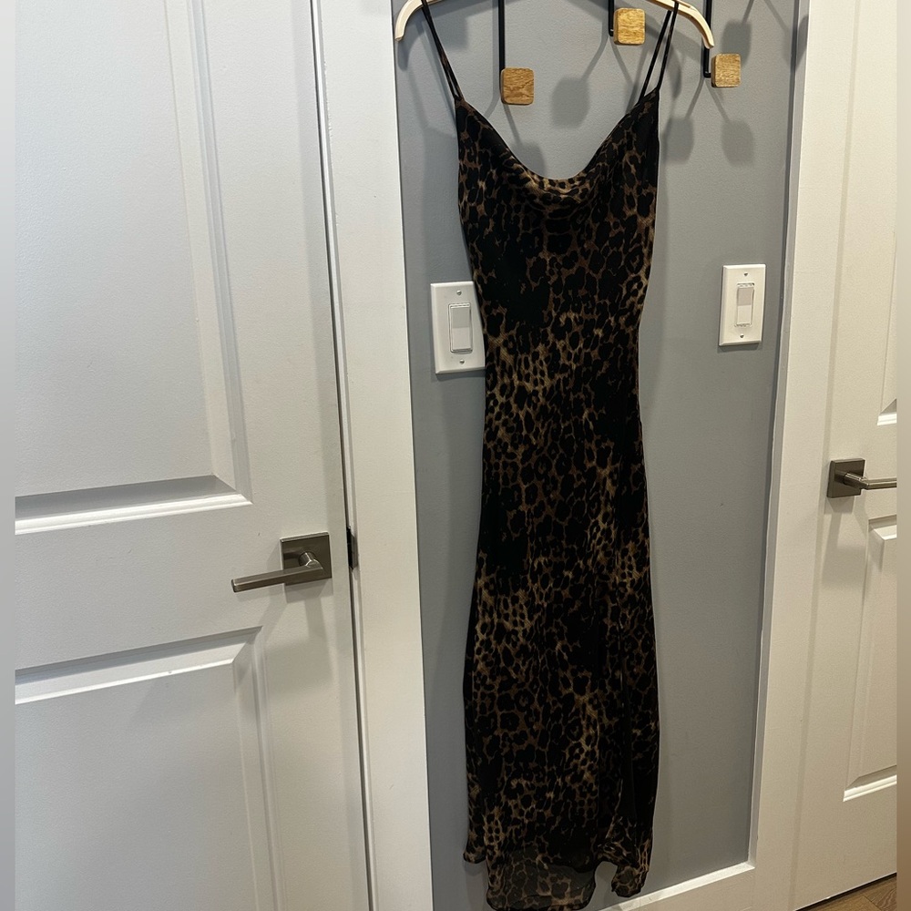 Leopard print, cowl neck, midi dress with slit!